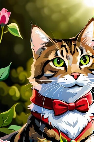 Grey and brown tabby cat with pink roses in the moonlight a ...