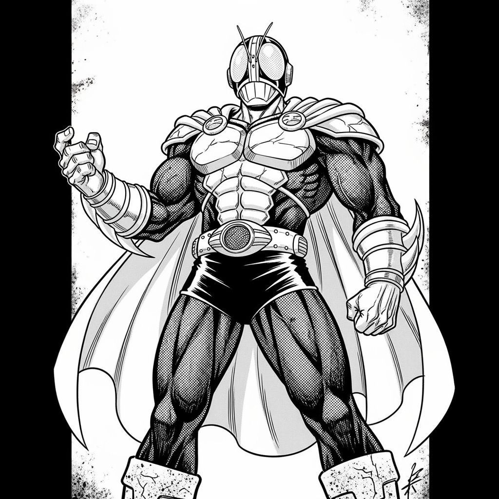  A black and white ink drawing of a powerful Tokusatsu hero, highly detailed in the bold, dynamic style of Jack Kirby. The hero is in a hero...