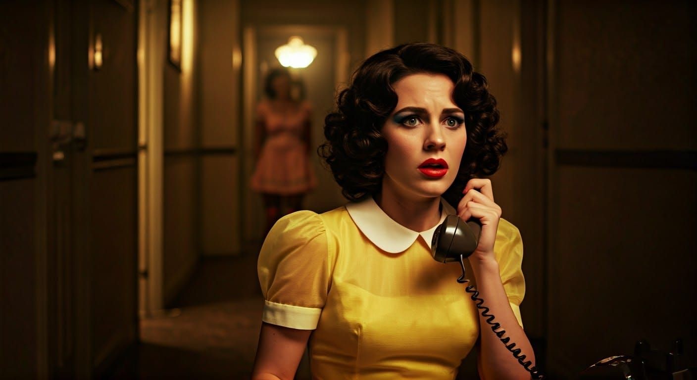 Fearful Teen in 1950s Glamour, Shadowed Figure Lurking