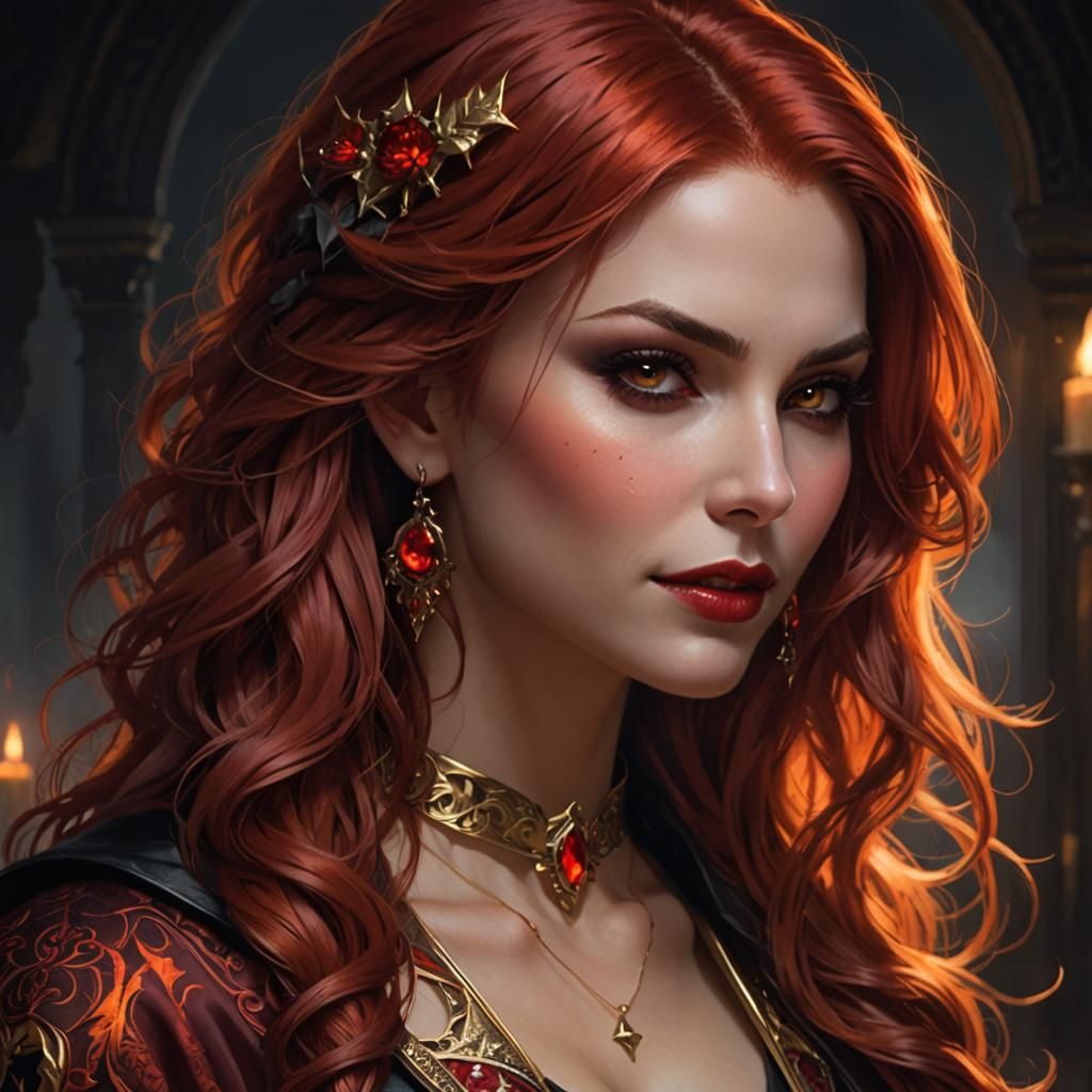 High Fantasy epic hot female vampire sorceress, fiery red ha...