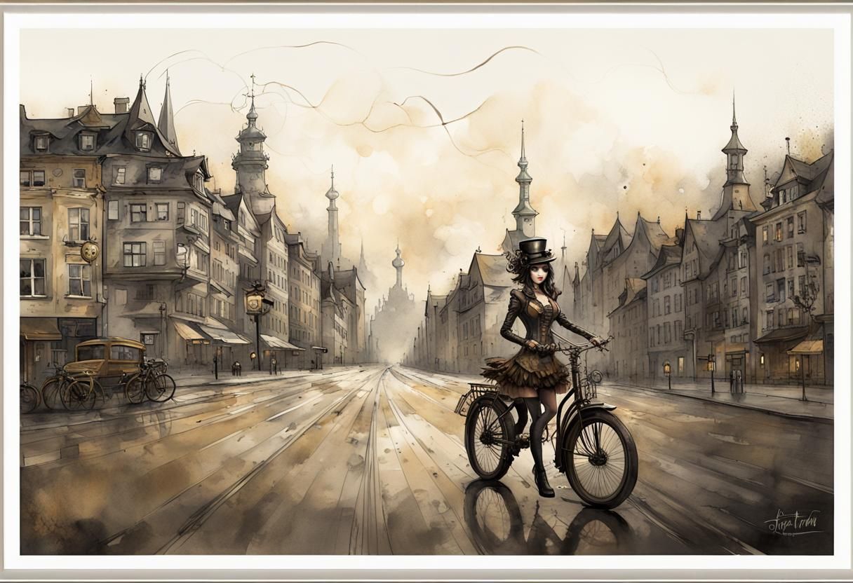 A Steampunk girl on an old steampunk bicycle in the golden 20s in ...