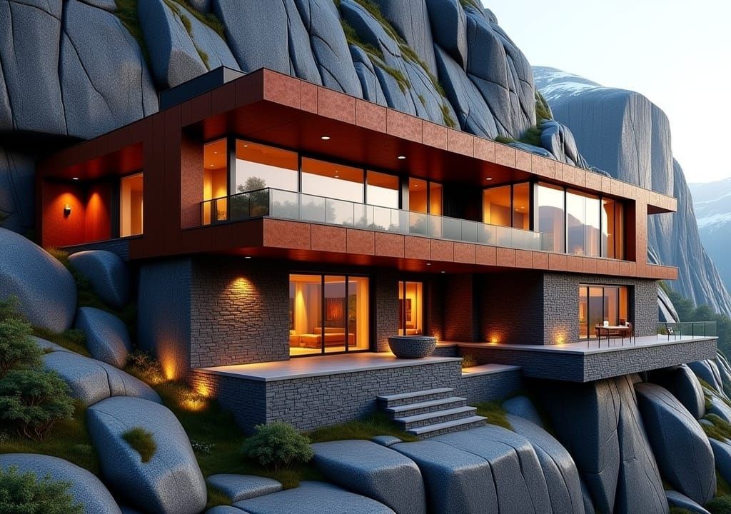 A modern corten steel and dark red bricks mixed house exterior designed by<lora:The Flux Architect:1.0> and implemented into a mountain clif...