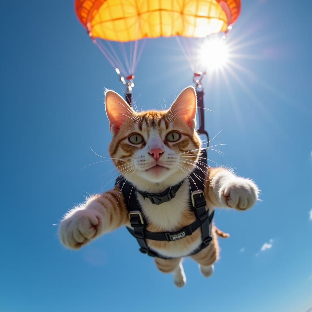 A skydiving cat viewed from below with a DSLR camera pointing directly upwards. The underside of cat's open parachute takes up most of the b...