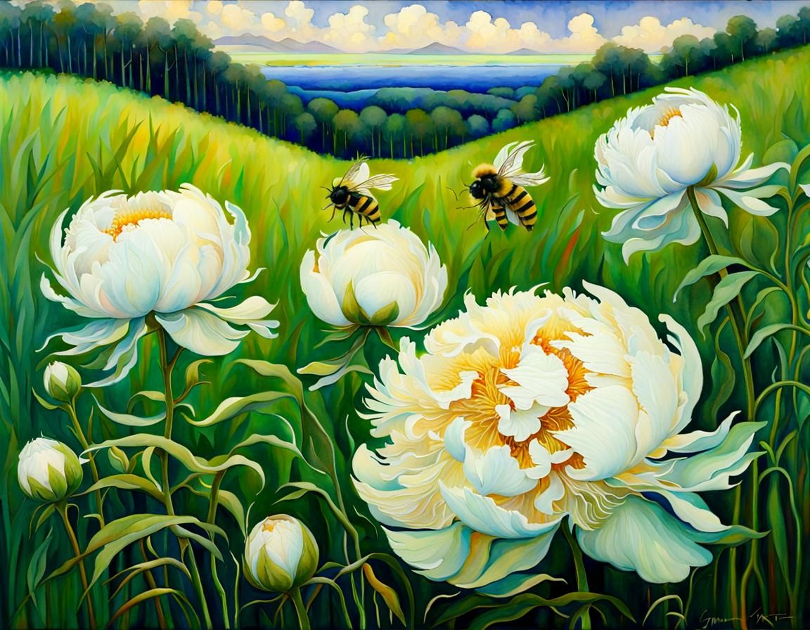 tall white peonies and  a queen bee in vibrant green grass   by @INTERCEDENCE