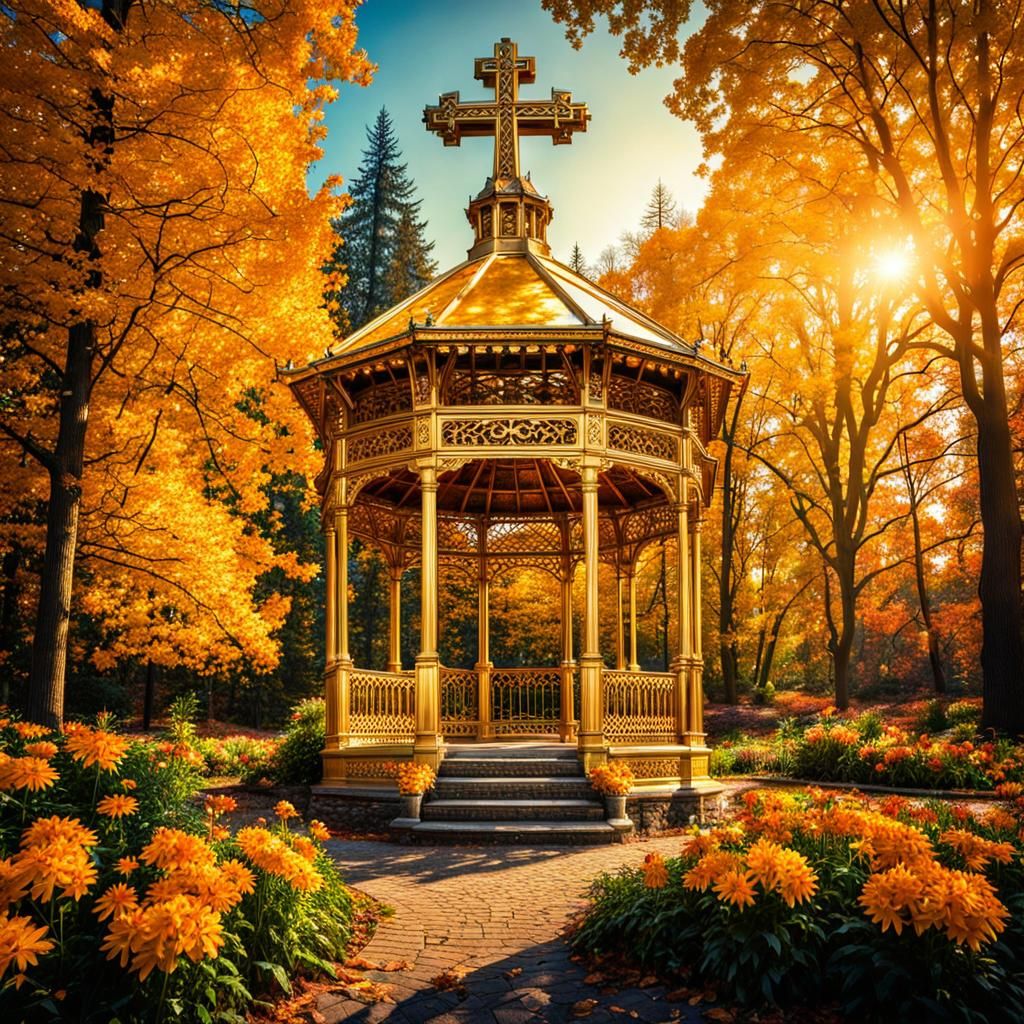 A golden gazebo with a cross on top in a forest park with trees and flowers during the autumn fall season. intricate details, HDR, beautiful...