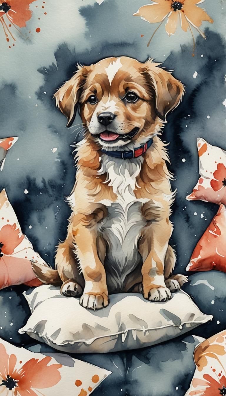 Cute happy puppy sitting on pillow. Mixed media, gouache, in...