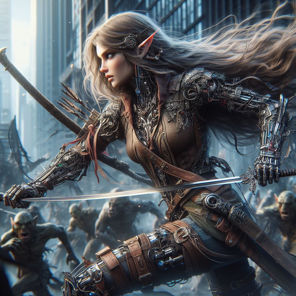 Wood elf cyborg in battle