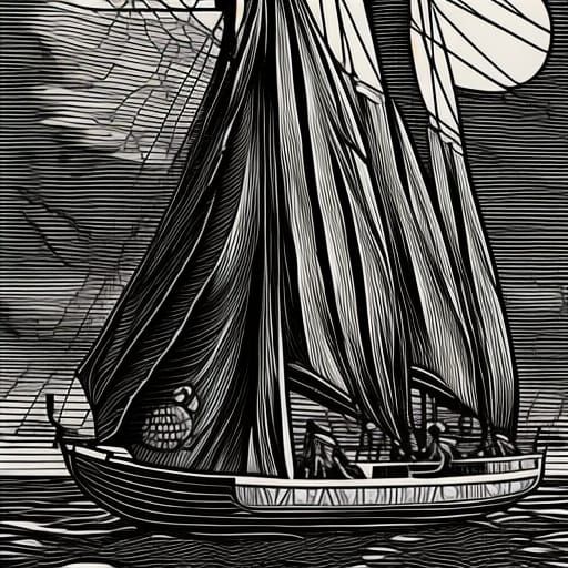 A woodcut of a sailing ship - AI Generated Artwork - NightCafe Creator