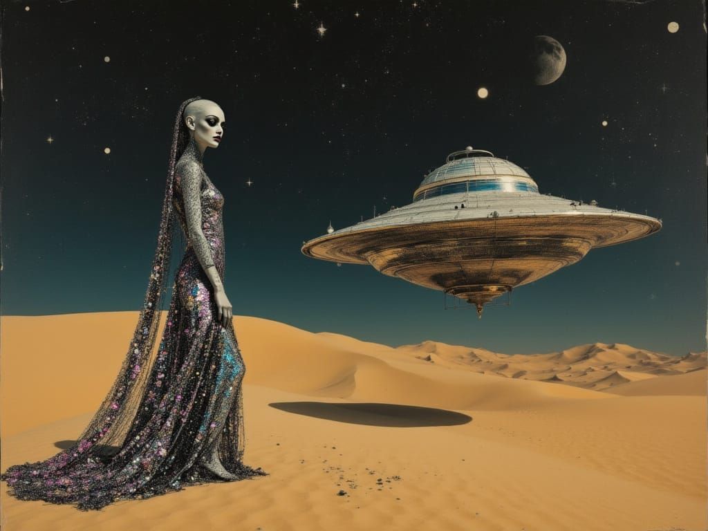 <lora:Umbratic:1.0> Under the vast expanse of a star-studded desert sky, a striking grey alien stands amidst the soft, golden sands. The ali...