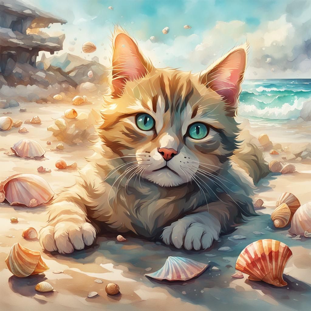 A water-colour illustration of beach, shells and kitten play...