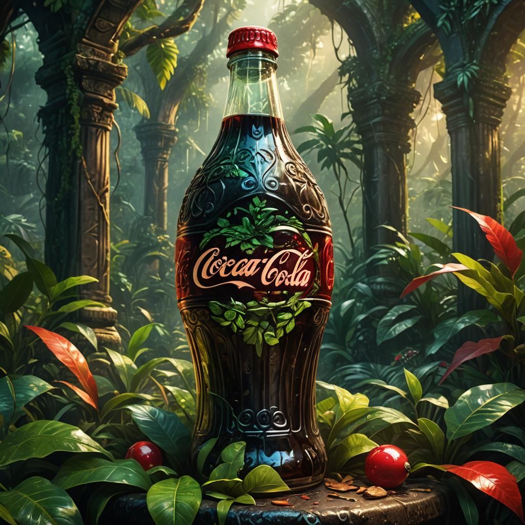 Coca-Cola Bottle on Ancient Altar in Lush Jungle