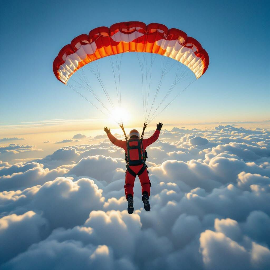 Skydiver Descends in Vibrant Red Jumpsuit During Golden Hour