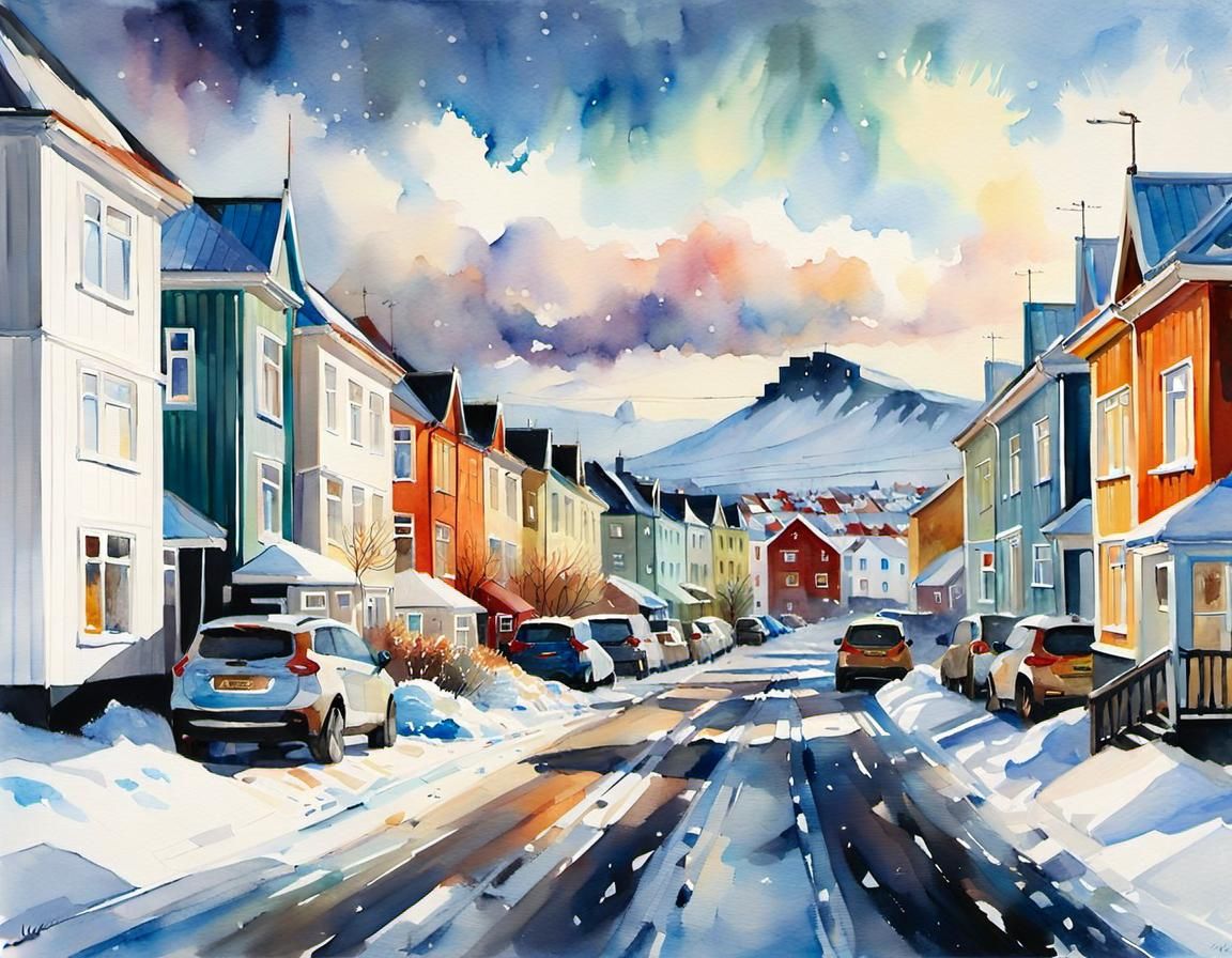 Watercolor painting of suburbian street of Reykjavik during winter  by @Fokje