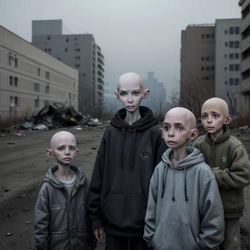 A group of skinny bald alien children, pale dirty skin, livi...