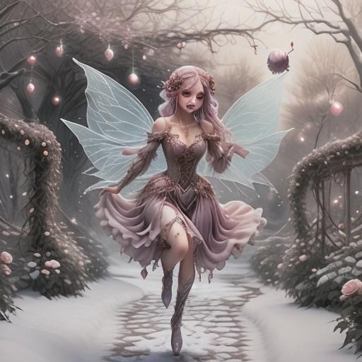 Bulbous fairy girl bouncing along the frosted garden path sweet icy rose wine brought to snow outfit fairy delicate woven icicle vines <lora...