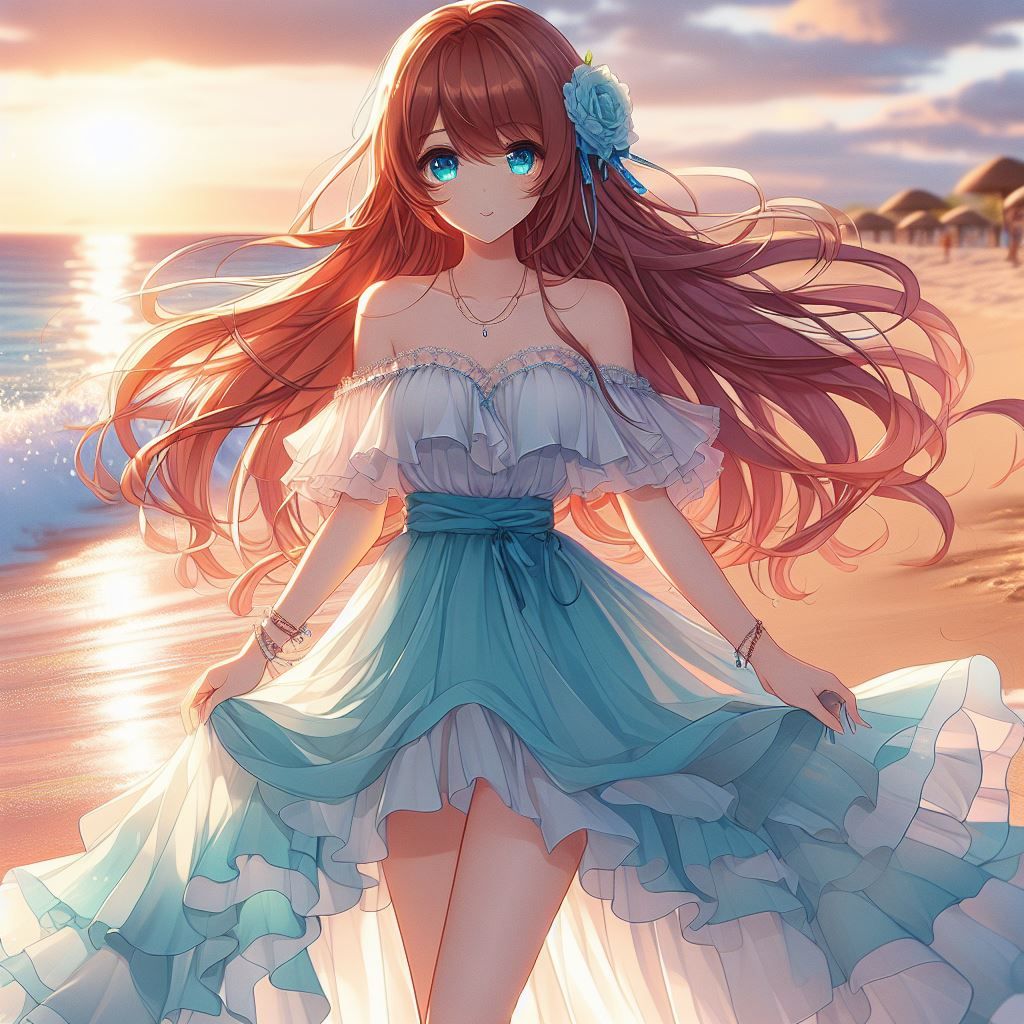 Aqua on the beach in a fancy dress