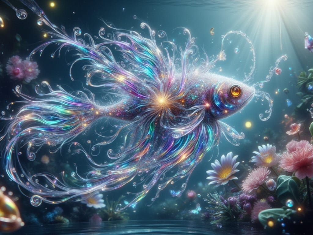 <lora:FiosCrystalTears:1.0> Fantasy Crystal Ribbon fish