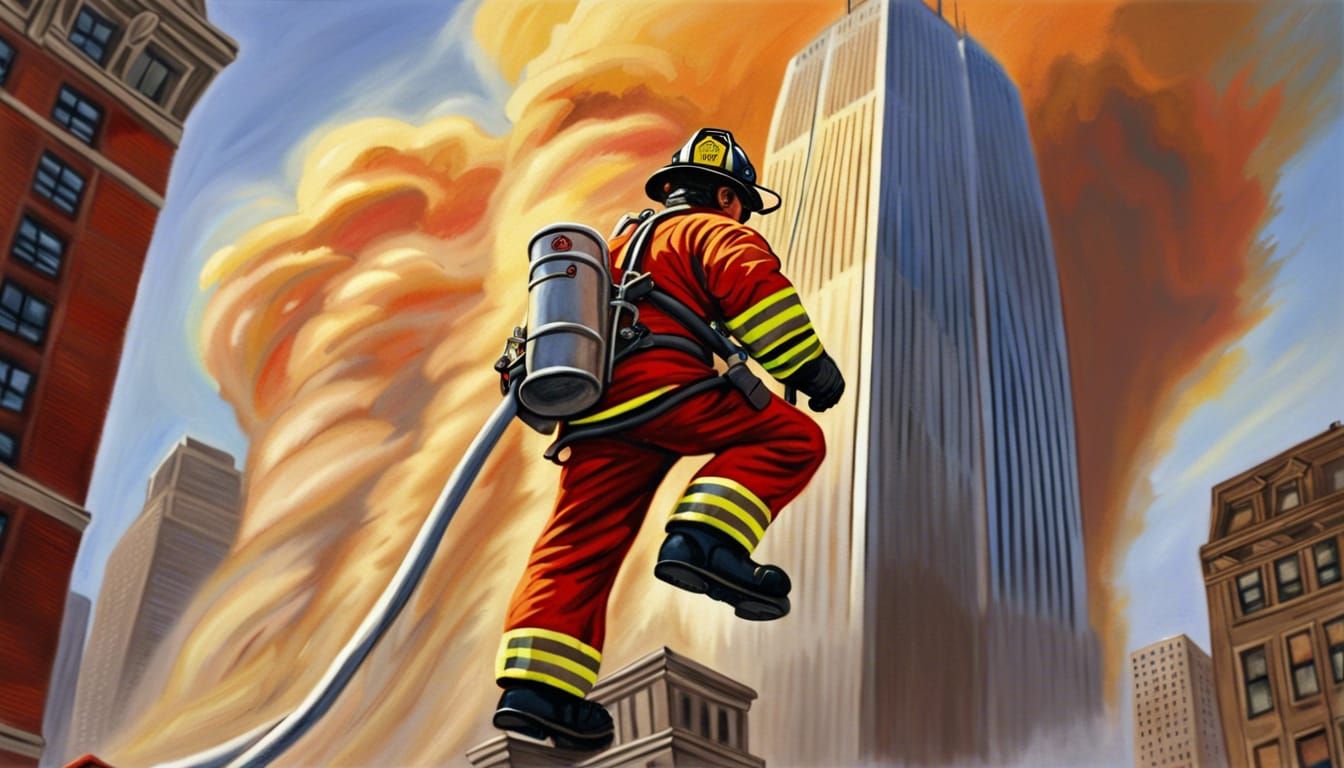Giant firefighter supporting WTC tower
