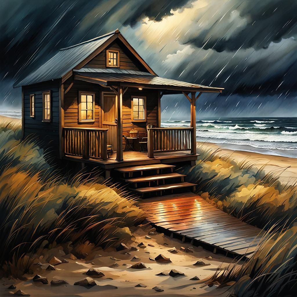 cottage overlooking a rainy beach  by @Nemo