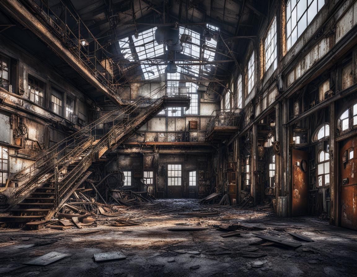 An old industrial Building, rusty doors, broken windows, oil...