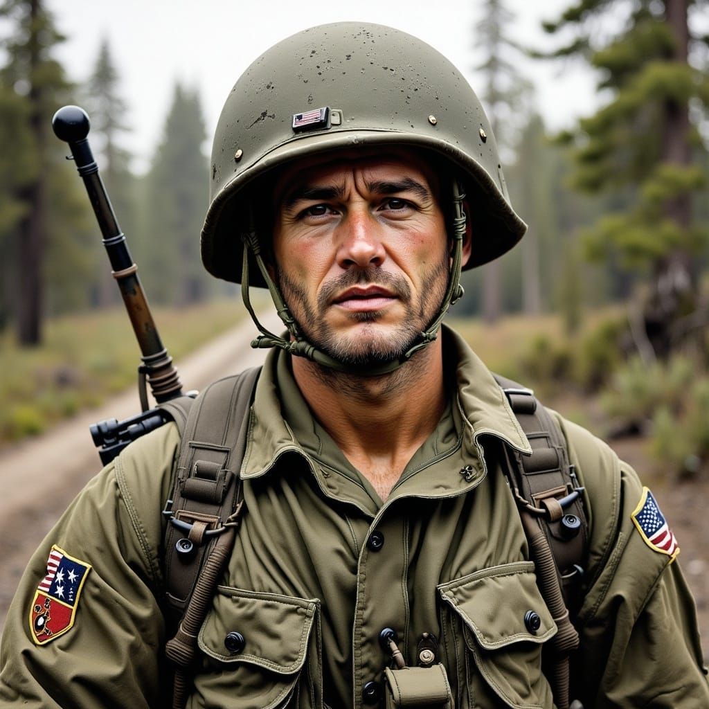<lora:Avian Ink Flux:1.0> Portrait of a World War Two American soldier 
