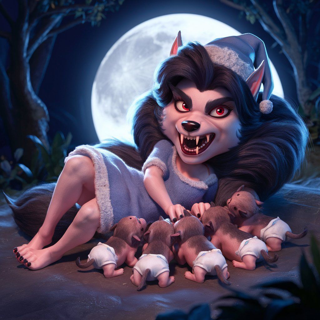 Werewolf mom and her hungry pups