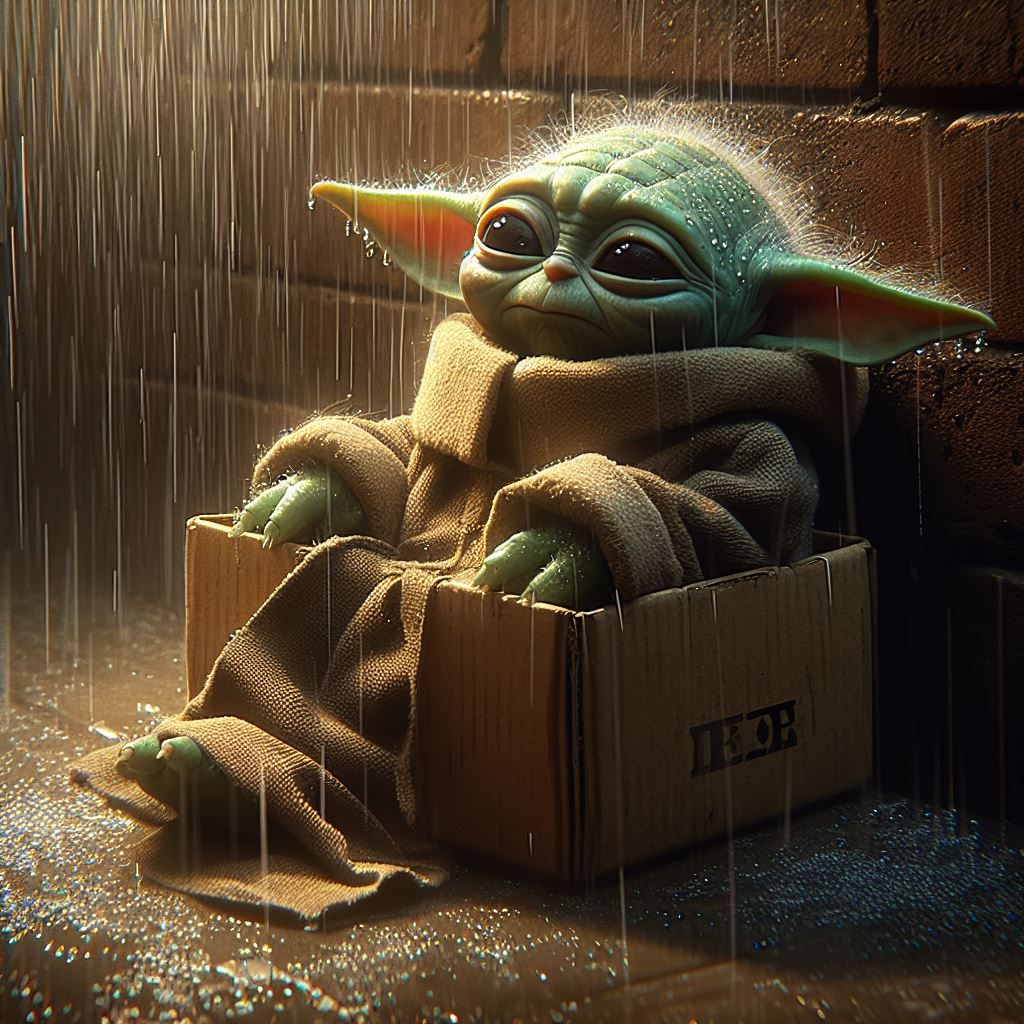 Homeless Grogu in the rain.