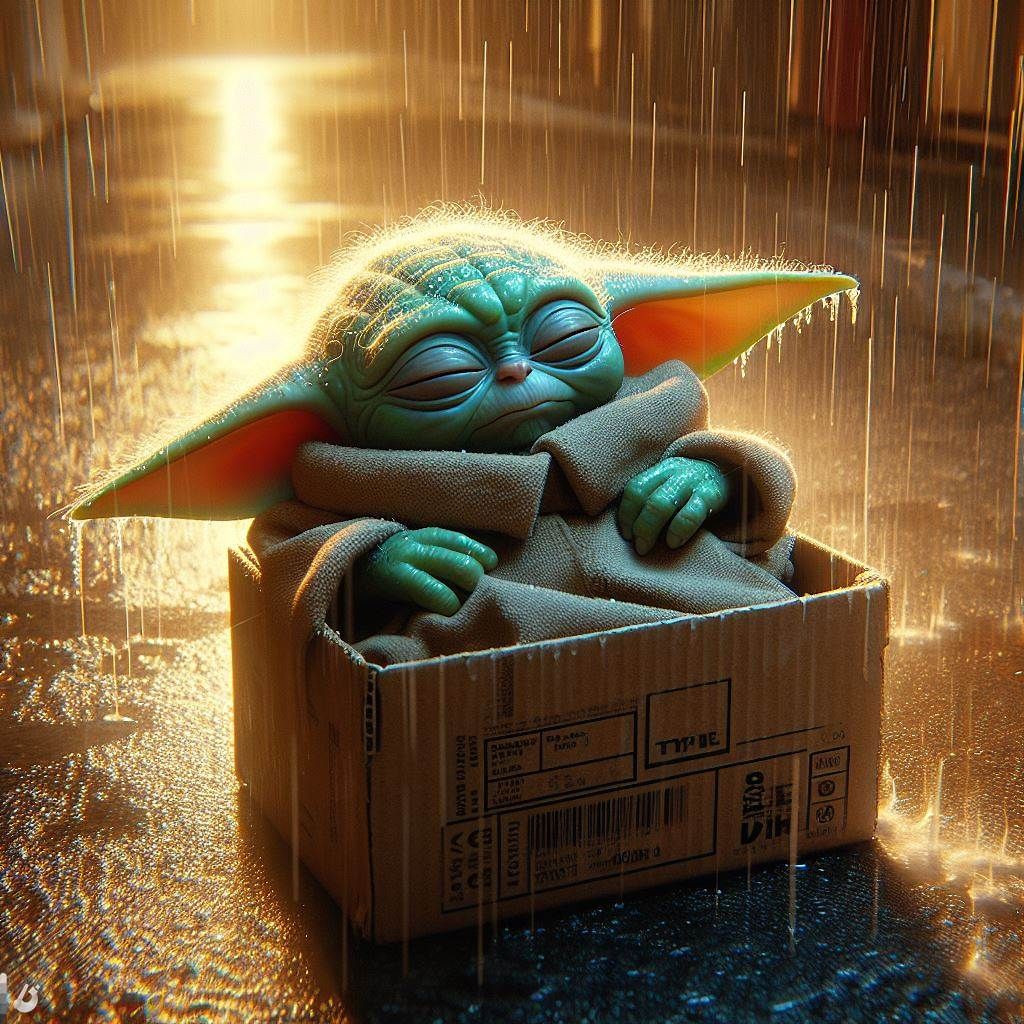 Homeless Grogu asleep in the rain.
