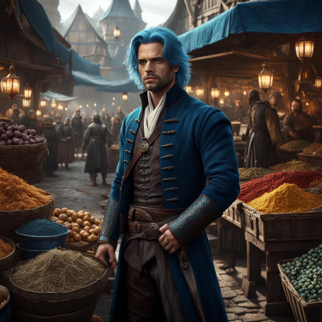 Sebastian Stan with blue hair on a medival market.