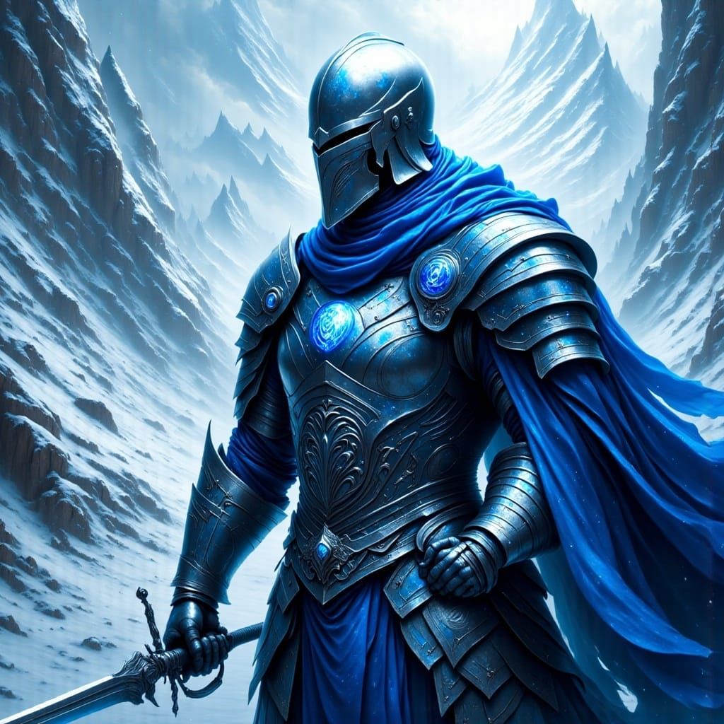 <lora:Inconceivable Flux:1.0>  A Paladin with blue and silver armor, longsword  