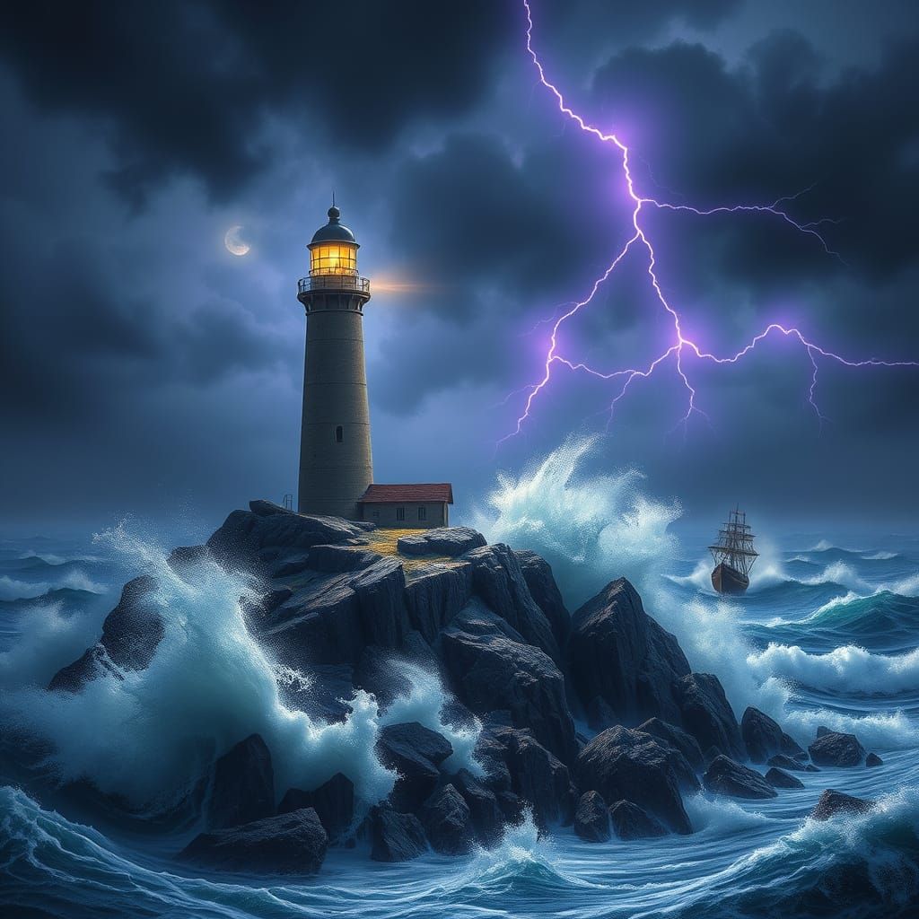 Cyberpunk-Style Lighthouse Defies Stormy Sea