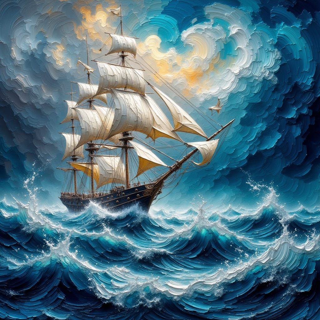 <lora:Empaste:1.0> frigate with all sails out in a storm (yep, silly captain)  by @Svarty