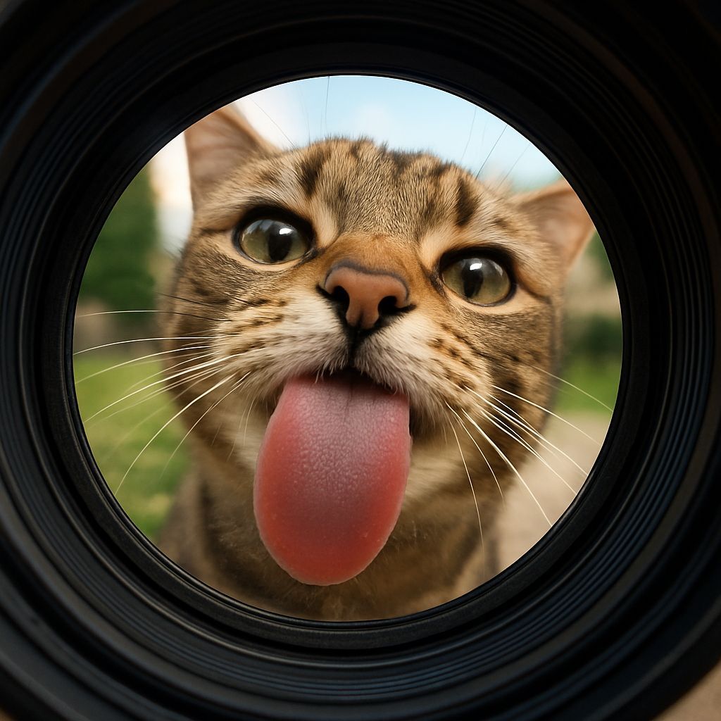 A close-up video of a cute, curious cat licking a camera lens. The cat's pink tongue is clearly visible, pressing flat a...