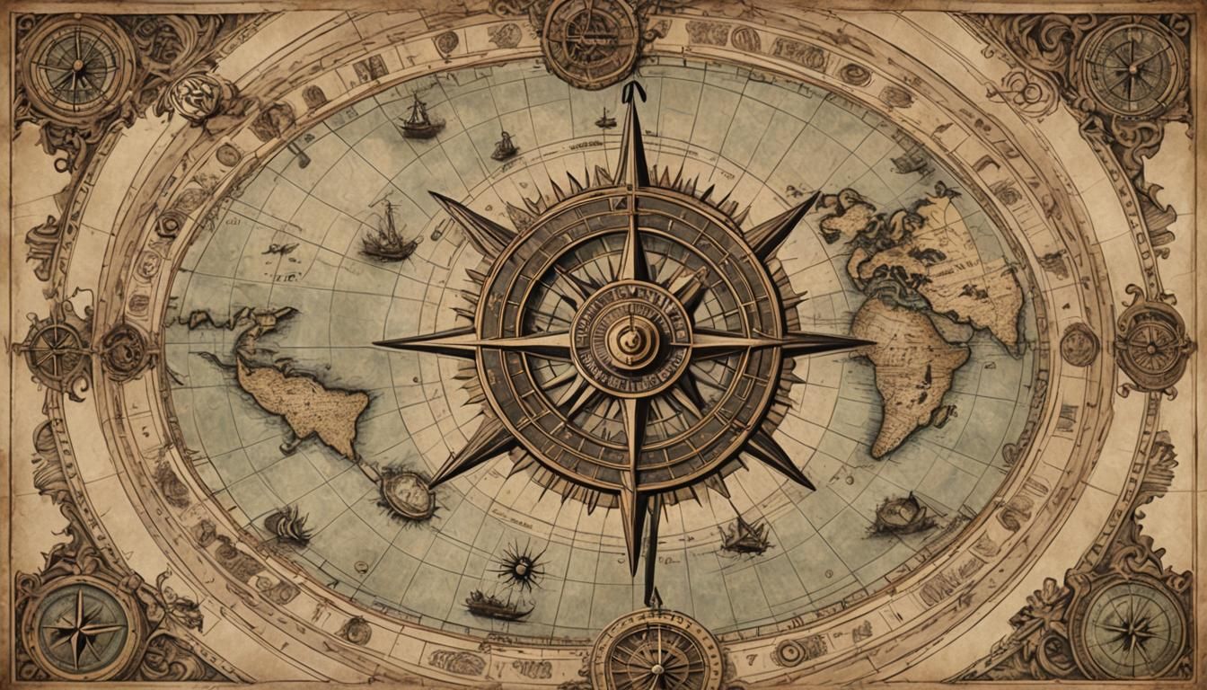 An ancient nautical map showing trade routes, mythical sea c...
