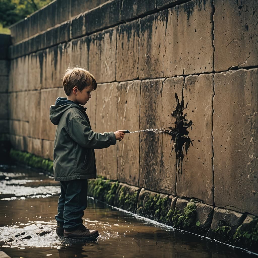 A little boy about to stick his finger in a small water leak...