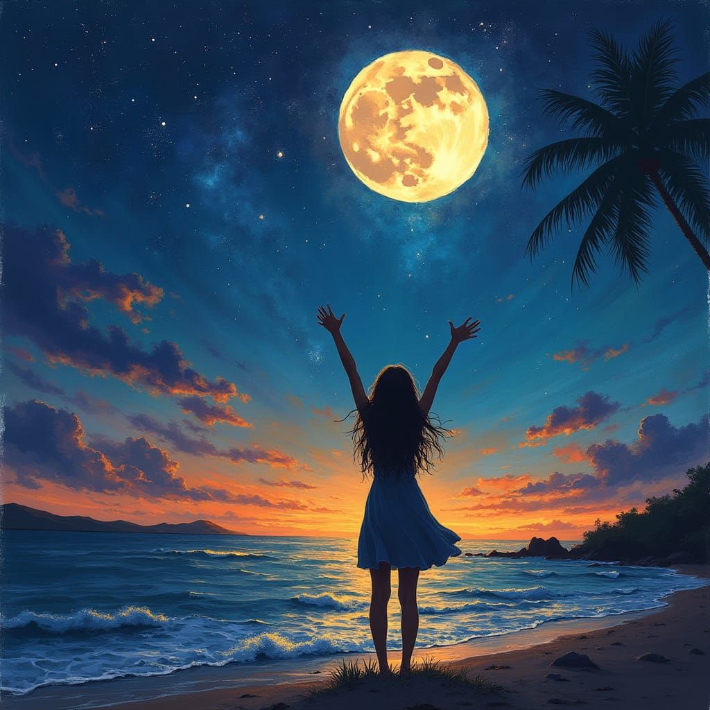 Silhouette of girl on beach at night arms raised to sky receiving energy from full moon  by @RSA2