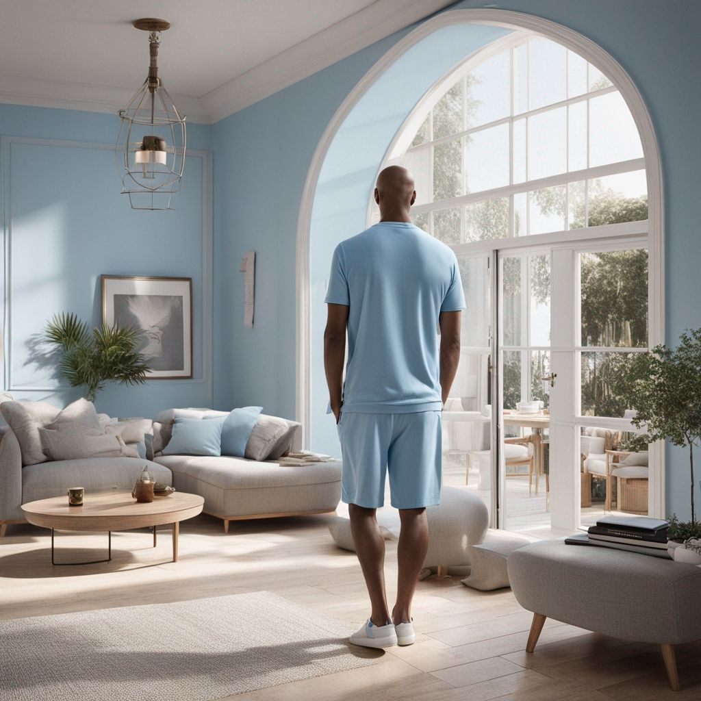 a man wearing sky blue clothes came into the house on the up...