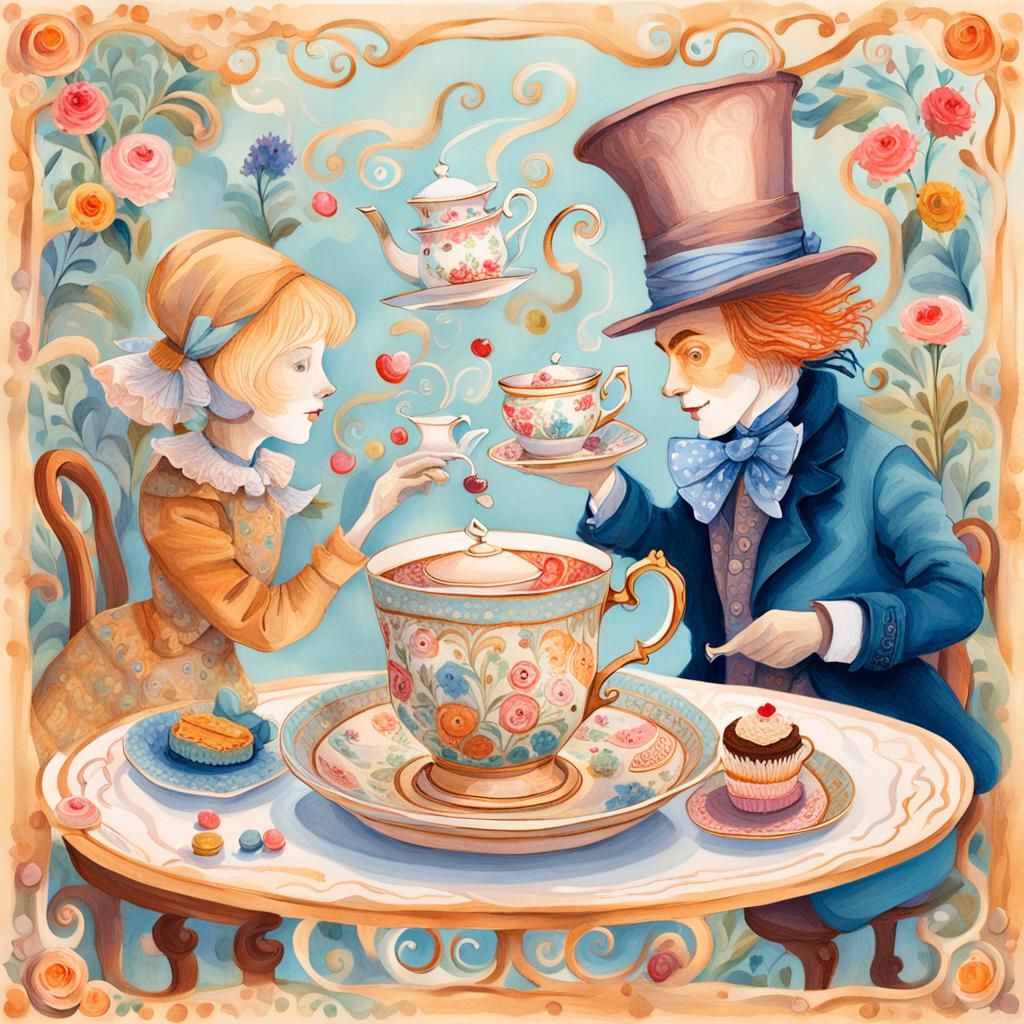 Mad Hatter's tea party inside a teacup
