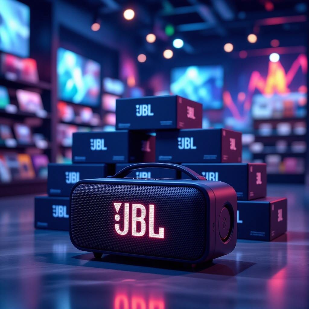 Una fotografia realista del jbl flip 7, que incluya varias cajas del jbl flip 7 detras, con un fondo desenfocado detras, como si fuera tomad...