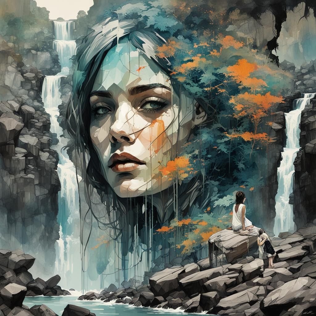 Waterfall Cascade Over Woman Silhouette in Surreal Style
