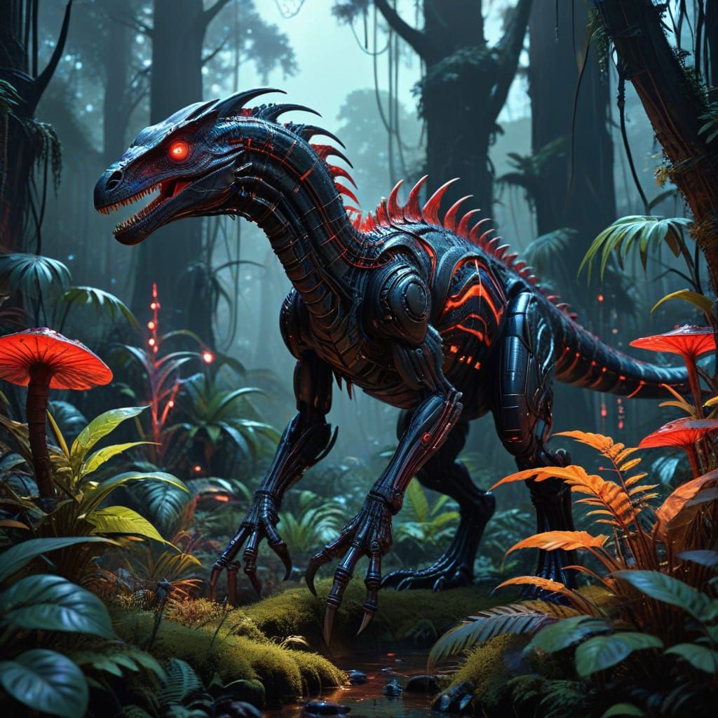 Cyberpunk Velociraptor in a Lush, Vibrant Forest - AI Art