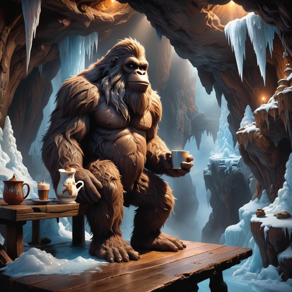A towering bigfoot with Disney-stylized, shimmering, super f...