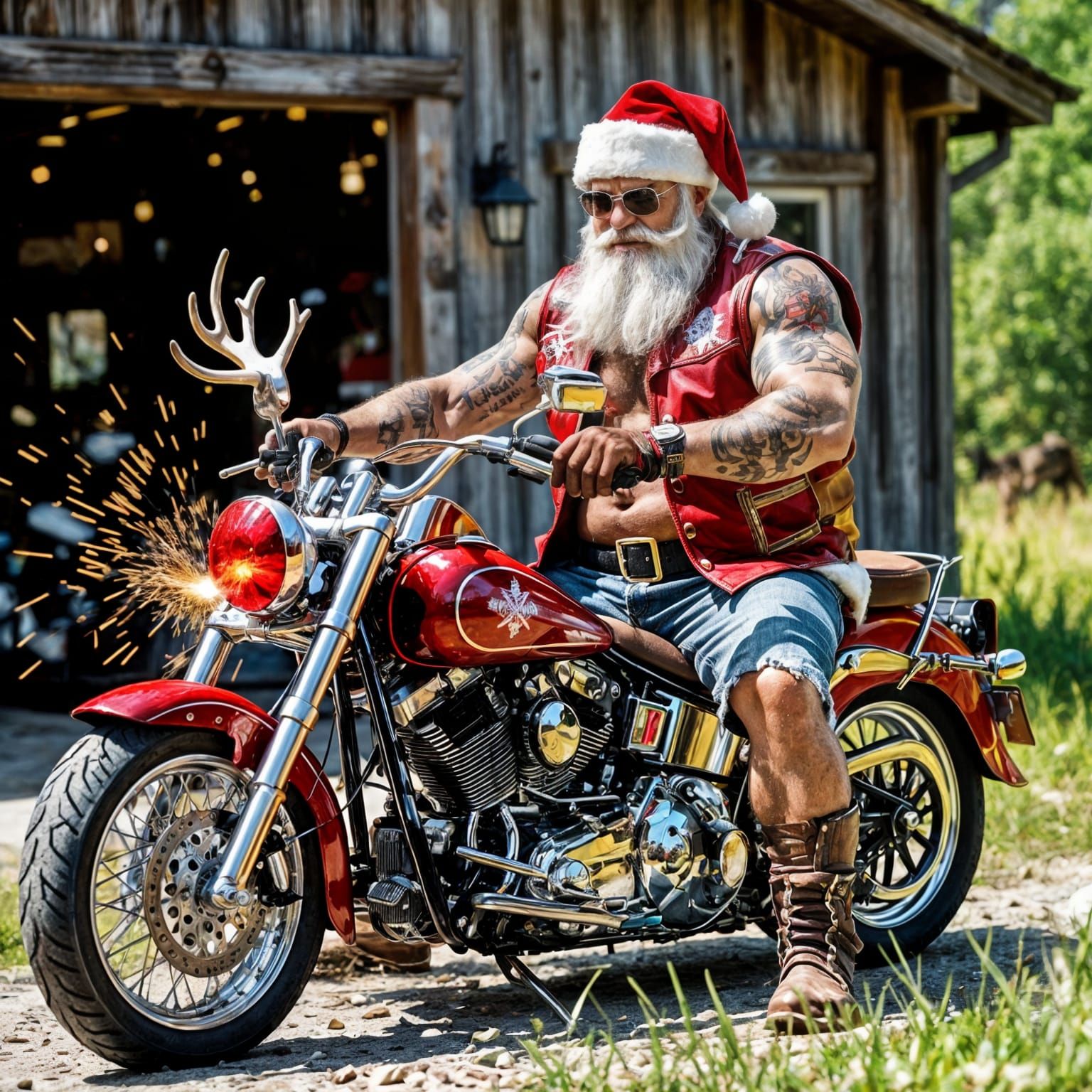 Santa Claus in a tough biker style, muscular and tanned, wearing a sleeveless red-and-white leather vest ...  by @Likra
