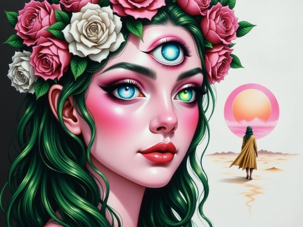 <lora:Water-ink-colorV2:1.0> <lora:MixedMedia:1.0> <lora:GlitchFoilFlux:1.0> <lora:Third Eye:1.0> A mixed media ink and watercolor painting ...