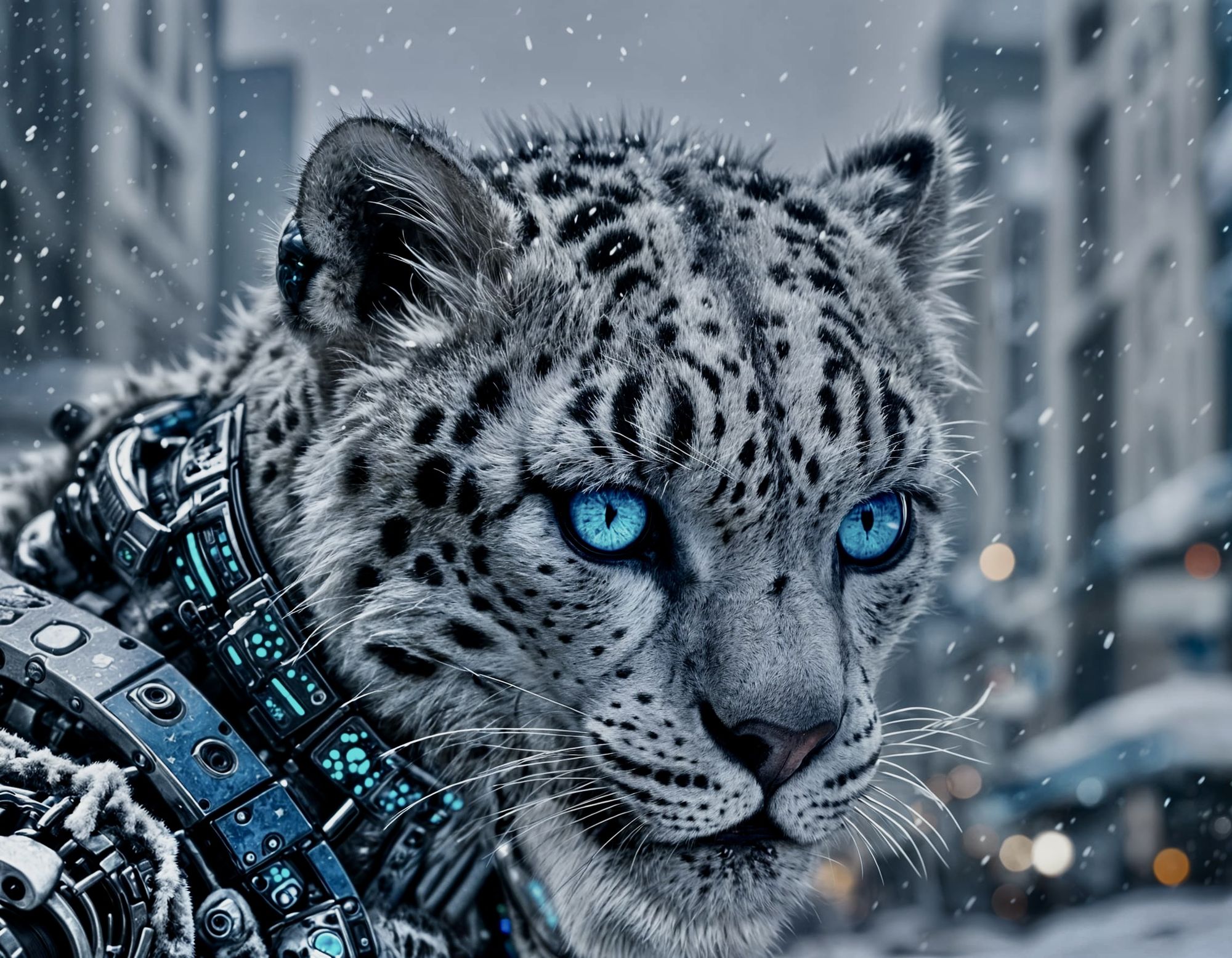 Snow leopard cyborg in the city 