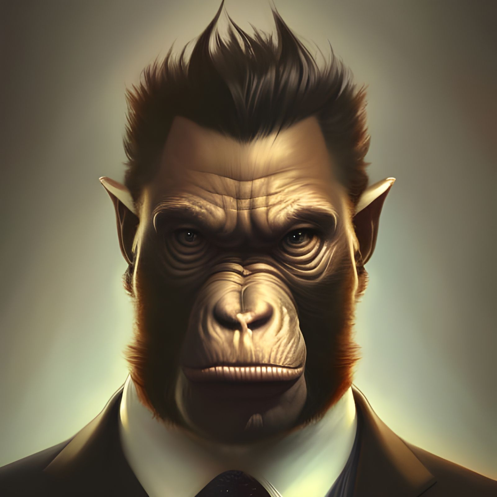 Ape in suit, 16D lighting, surreal fantasy art,16D detailed face head ...