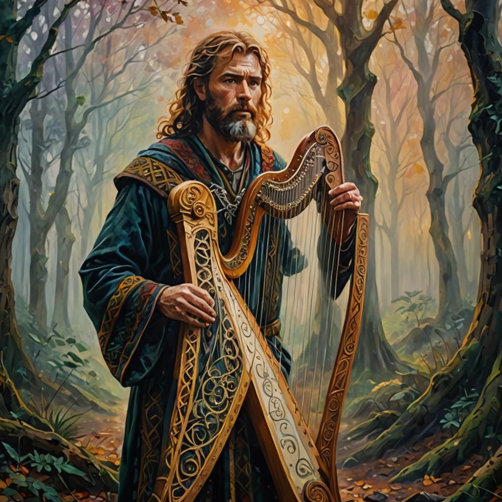 Mystical Harpist in Forest: Leonid Afremov Style