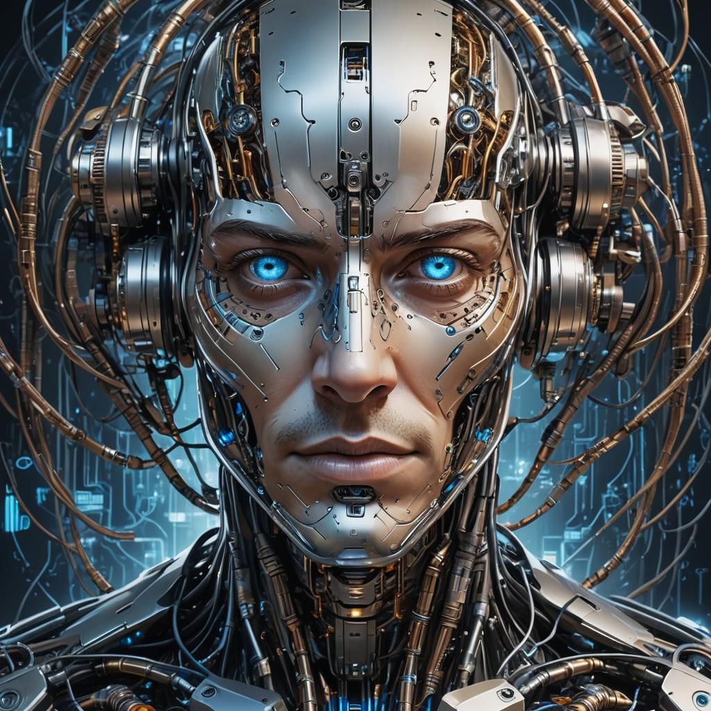 Futuristic cybernetic being with an intricate blend of human...