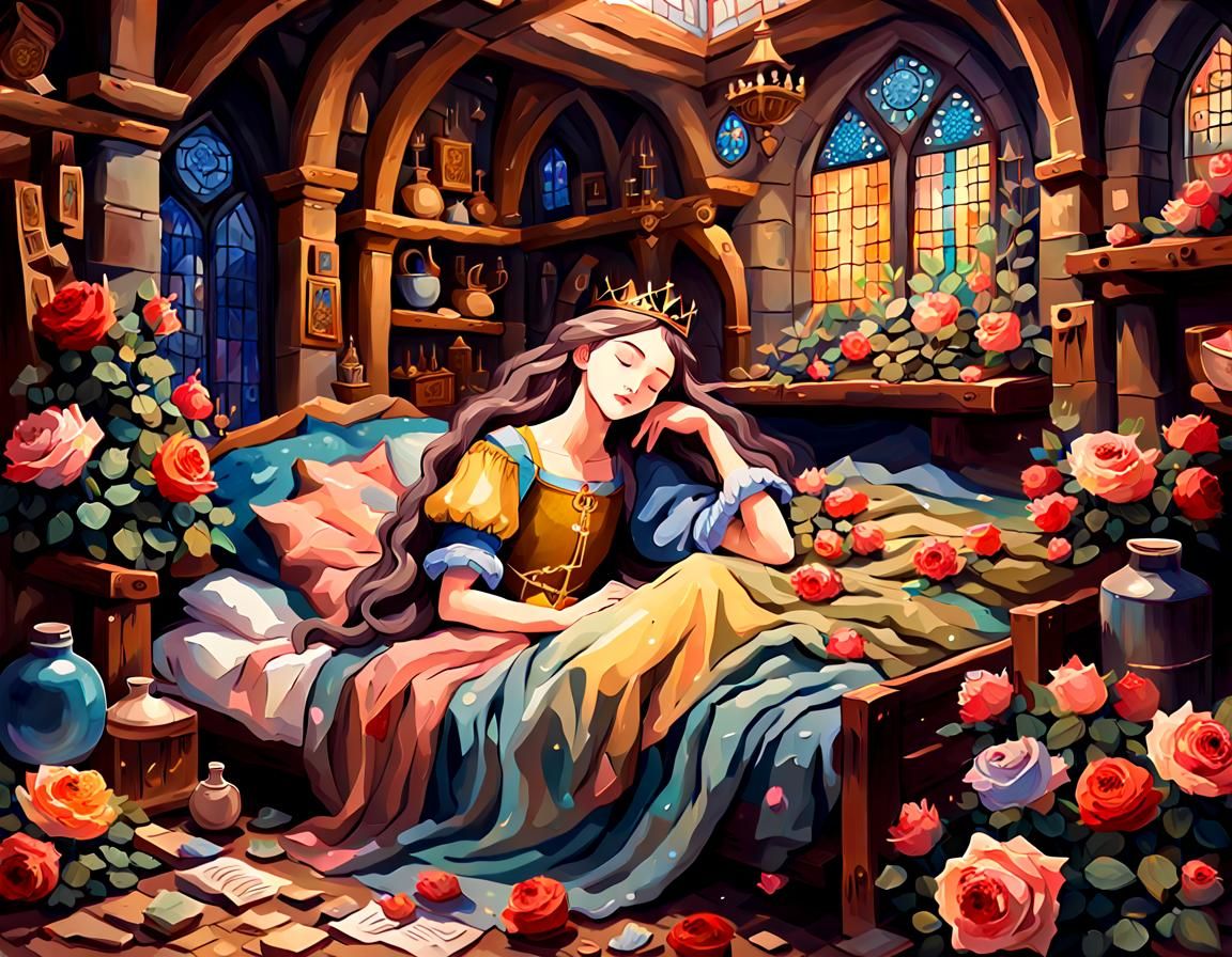 (A beautiful sleeping princess in a messy medieval lair full...