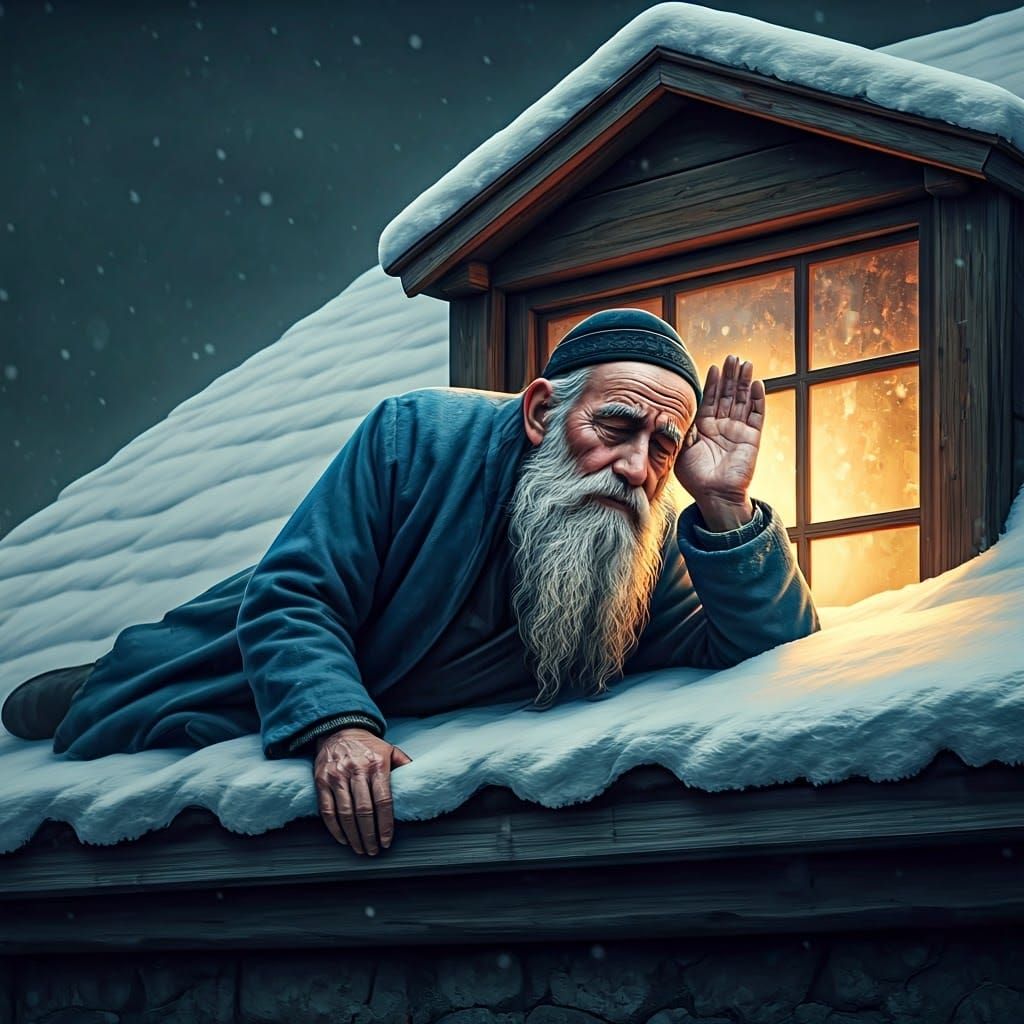 Elderly Jewish Man in Traditional Attire Listens Intently in...